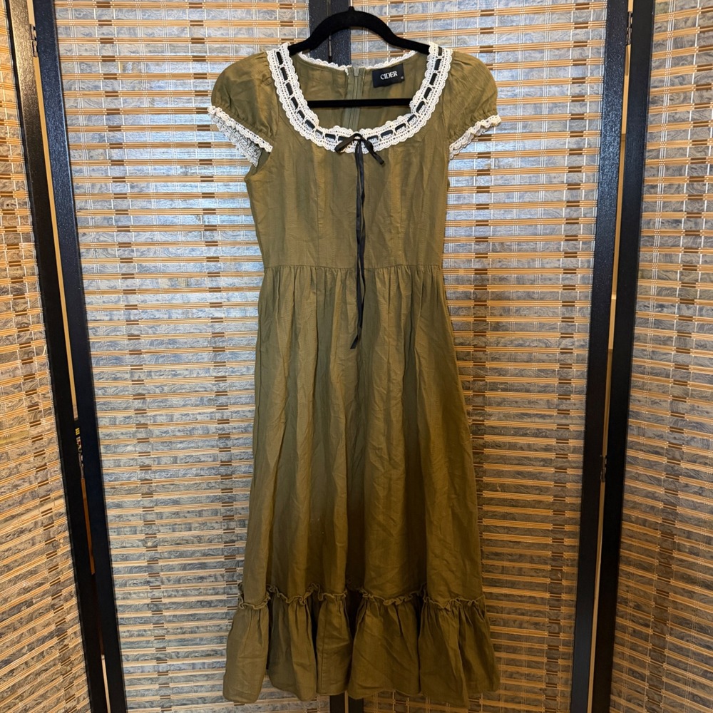 Cider Midi Dress Womens XXS Olive Green Cottagecore Lace Trim Ruffle Puff Sleeve